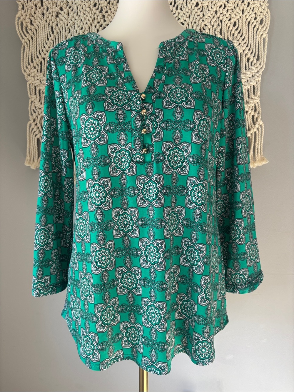 Dana Buchman Teal Green Printed V-Neck Tunic